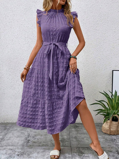 Women Clothing Summer Fashionable Stringy Selvedge Flying Sleeves Lace Up Texture Dress