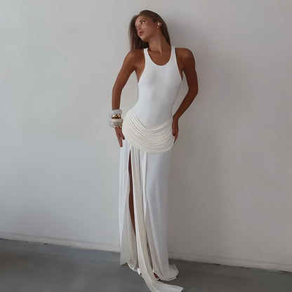 Summer Elegance Split Pleated Dress Sexy Sleeveless Solid Color Mop Dress
