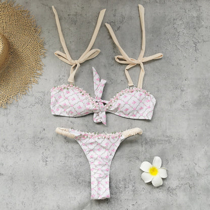 Lace up Tube Top Lace Floral Bikini Sexy Backless Low Waist Split Swimsuit Women Fresh