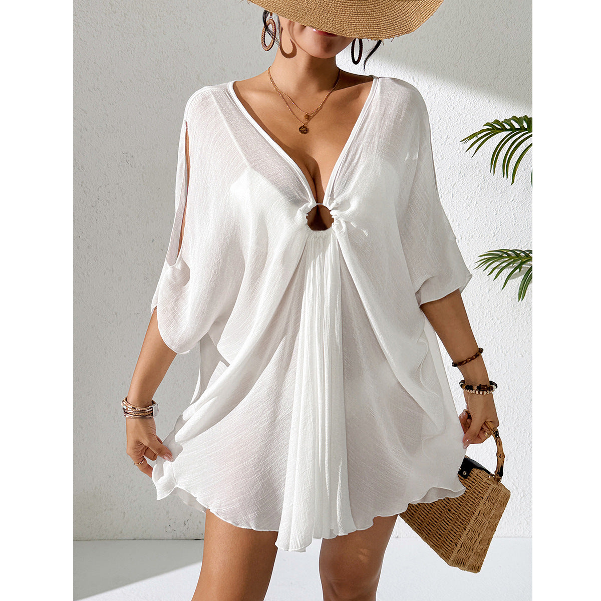 Solid Color Beach Cover up Ring V neck Batwing Sleeve Seaside Vacation Sun Protection Dress
