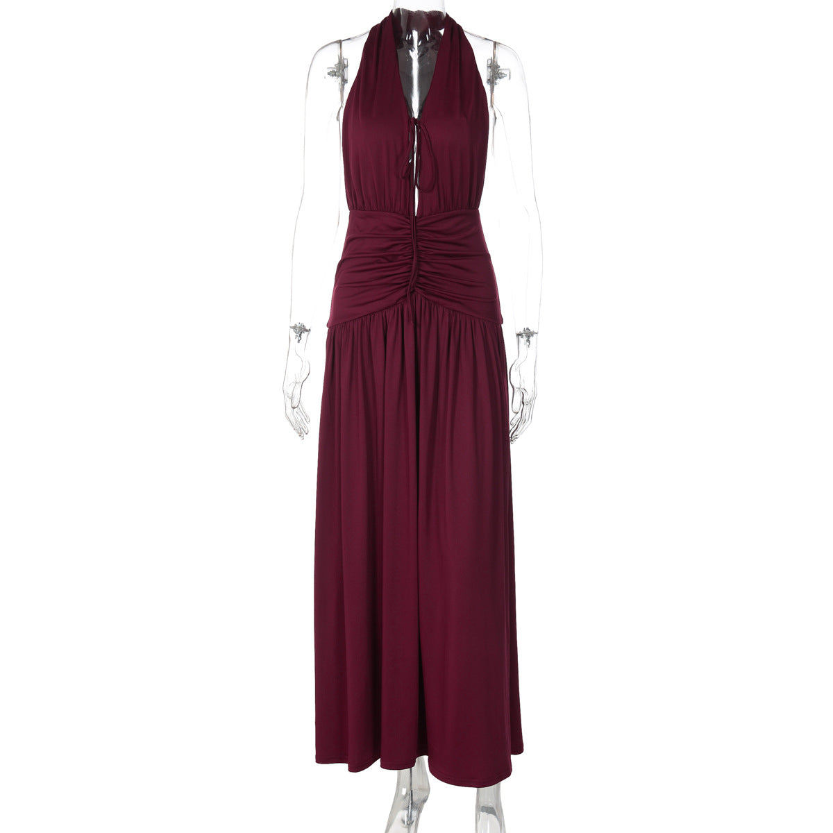 Women Clothing Sexy V neck Sleeveless Halter Pleated Waist Tight Slimming Evening Dress