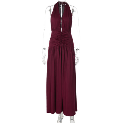 Women Clothing Sexy V neck Sleeveless Halter Pleated Waist Tight Slimming Evening Dress