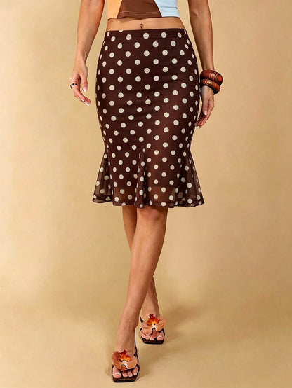 Summer Dot Mesh Fishtail Skirt Retro Ruffled Waist Tight Slimming Skirt