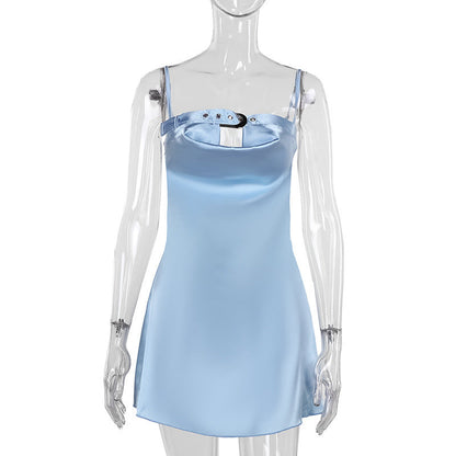 Summer Sexy Sexy Strap Adjustable Pocket Collar Satin Dress Women