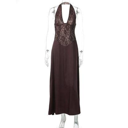 Women Clothing Winter Hollowed out Backless Lace Patchwork Waist Slimming Deep V Plunge Sexy Halter Dress
