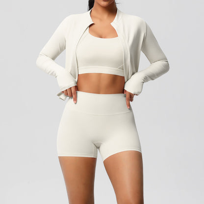 Solid Color Cloud Sense Yoga Bra Sports Coat Pilates Running Shorts Fitness Yoga Wear Three Piece Set for Women
