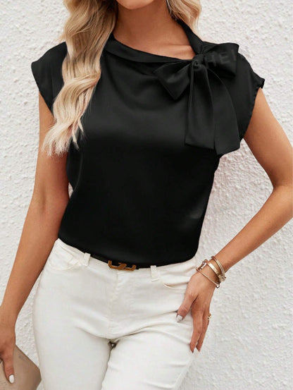 Half Open Collar Bow Satin Top Special Interest Design Satin Women Clothing T shirt