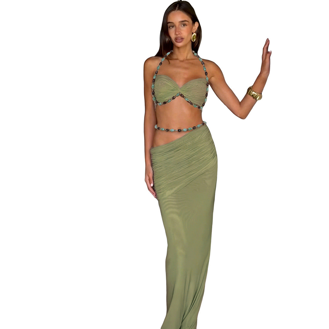 Spring Women Clothing Solid Color Sleeveless Halter Small Sling High Waist Sexy Hip Bag Slim Skirt Two Piece Sets