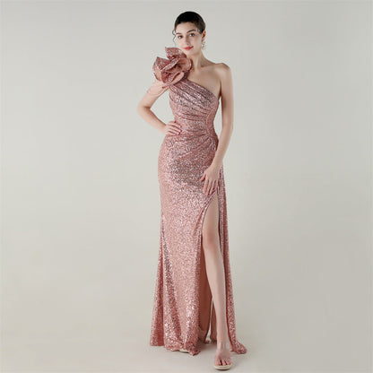 Craft Floral Beaded One Shoulder Diagonal Collar Fishtail Evening Dress Dinner Wedding Awards Ceremony Social Dress