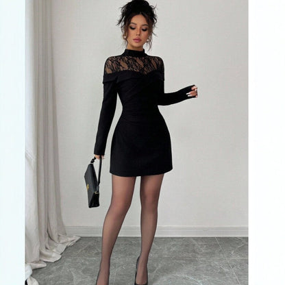 Lace Slim Fit Patchwork Long Sleeve Black Dress Women Sheath Dress