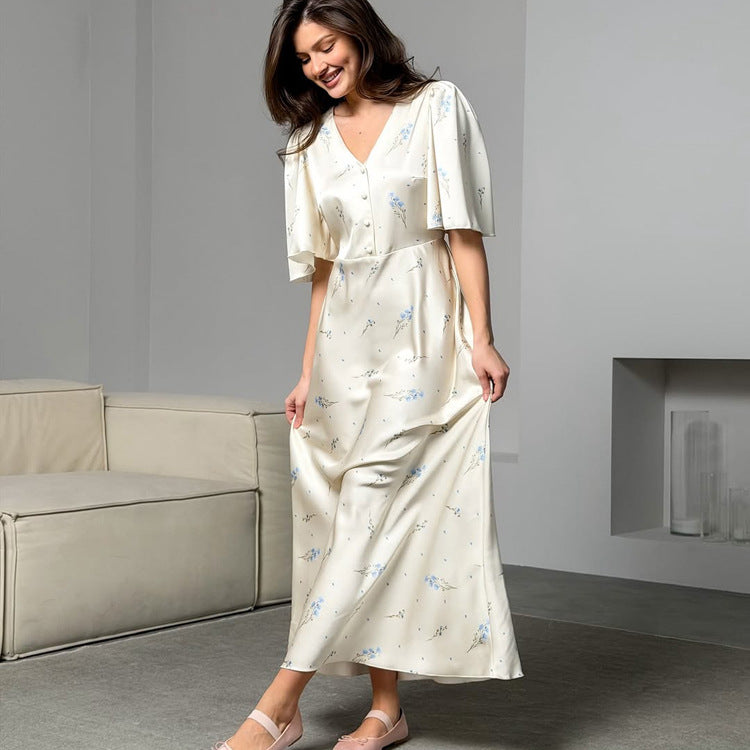 French V neck Floral Women Advanced Satin Short Sleeve High Waist Elegant Maxi Dress