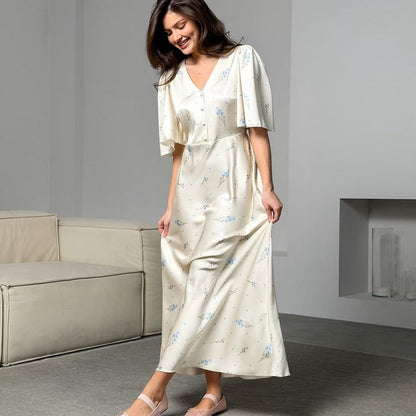 French V neck Floral Women Advanced Satin Short Sleeve High Waist Elegant Maxi Dress