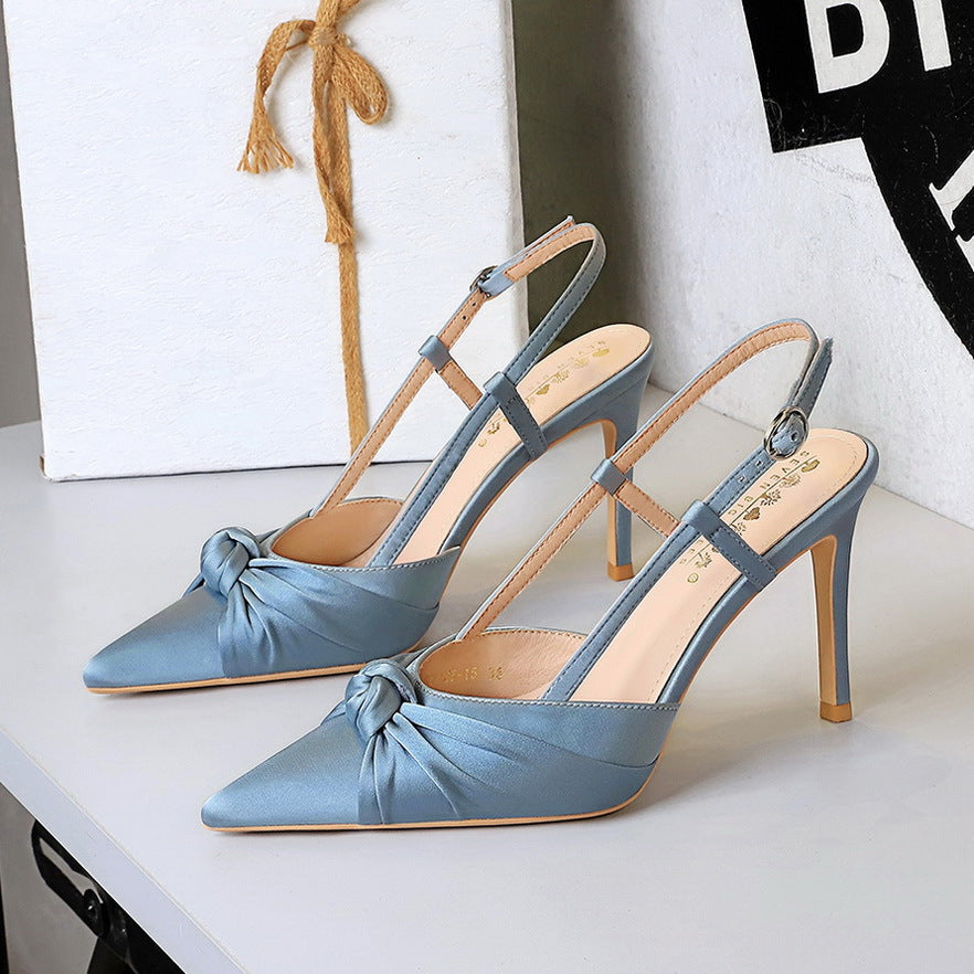Cocktail Satin Bow Stiletto Heel High Heel Shoes Pointed Shallow Mouth Back Empty Closed Toe Shallow Mouth Pumps