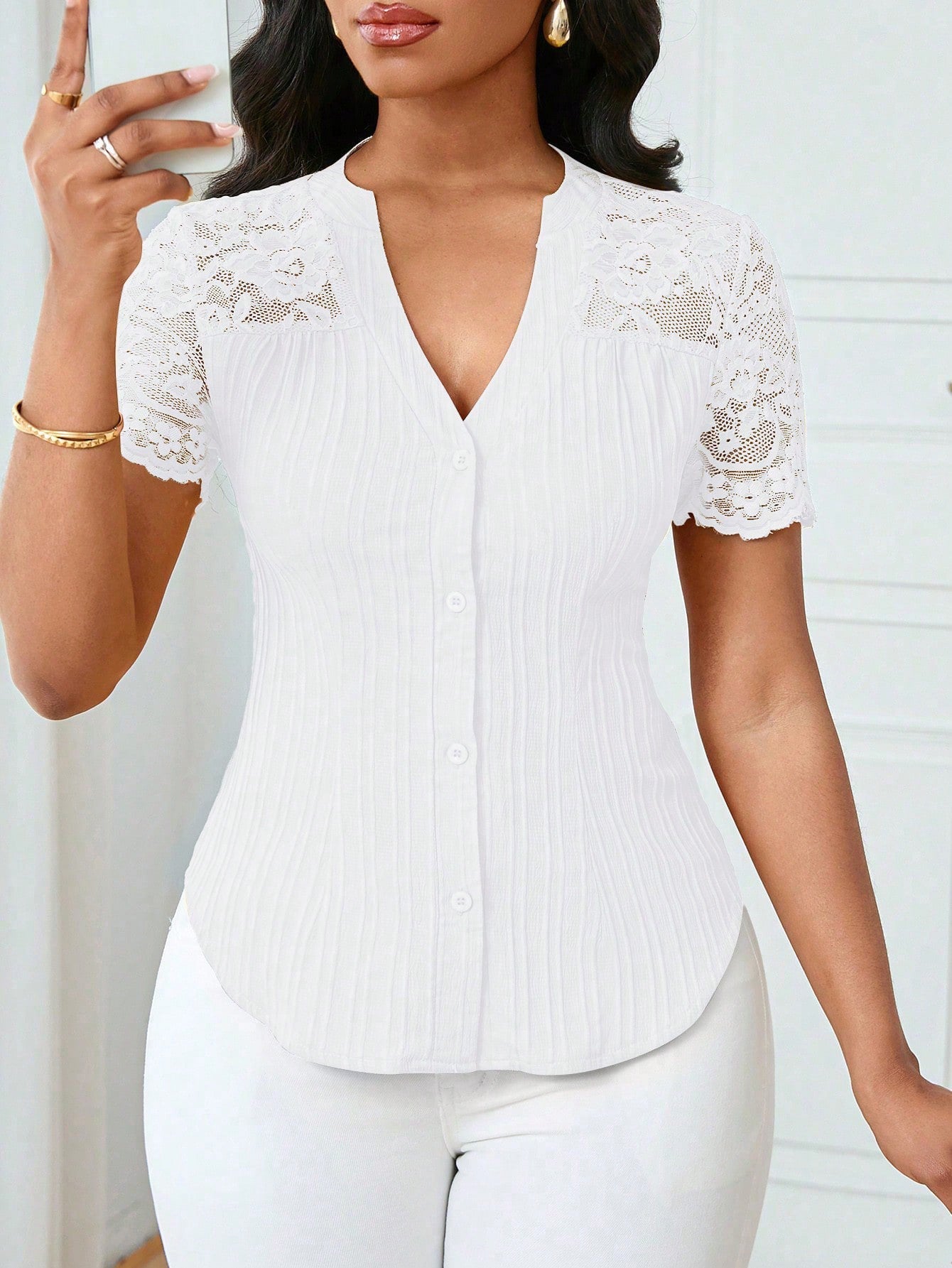 All Match Single Breasted Solid Color Slim Fit Embroidery Hollow Out Cutout Short Sleeve Top
