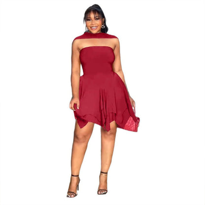 Women Elegant Irregular Asymmetric Double Layer Waist Tube Top Elastic Dress