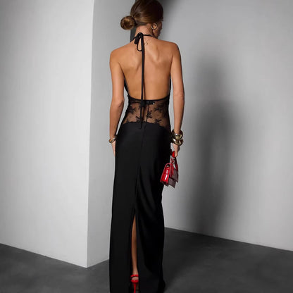 Summer Elegant Black Sexy Backless Lace Stitching Halter Sleeveless Dress for Women