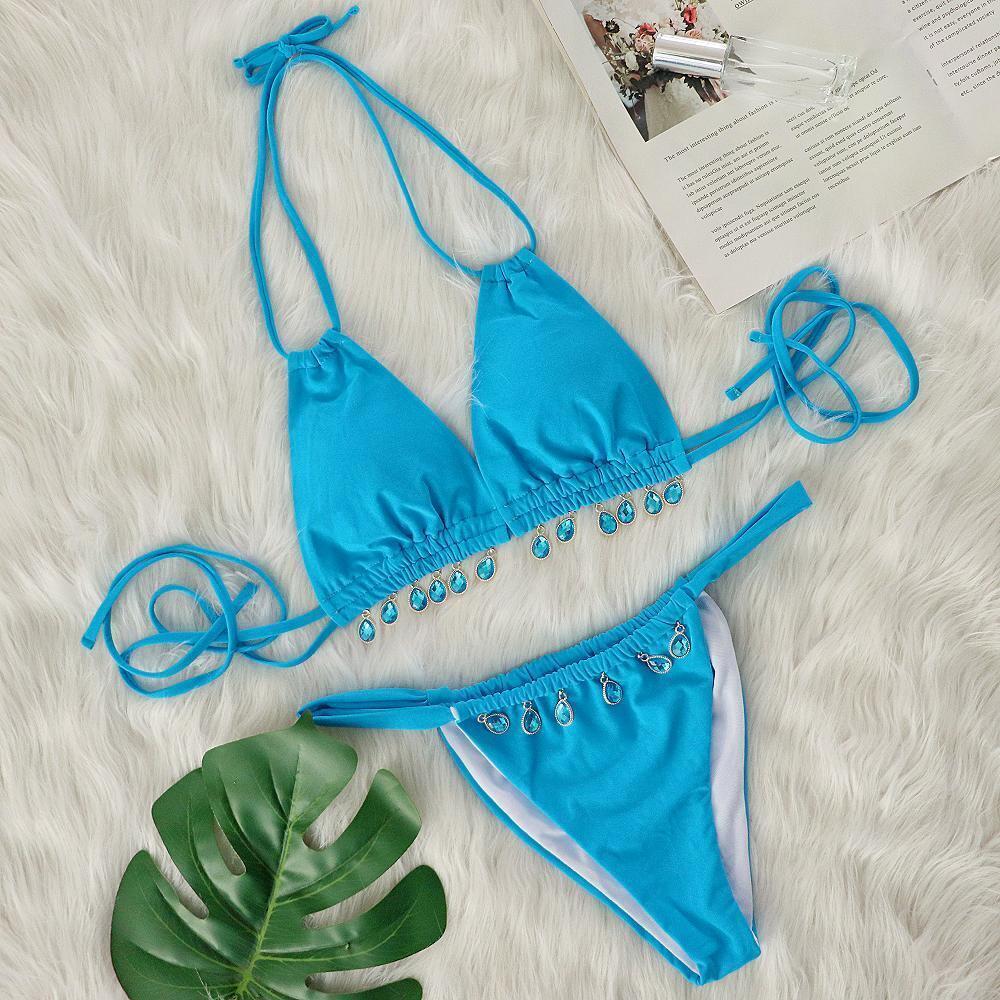 Two Piece Swimsuit Women Pink Bikini Swimsuit with Gem Embellished