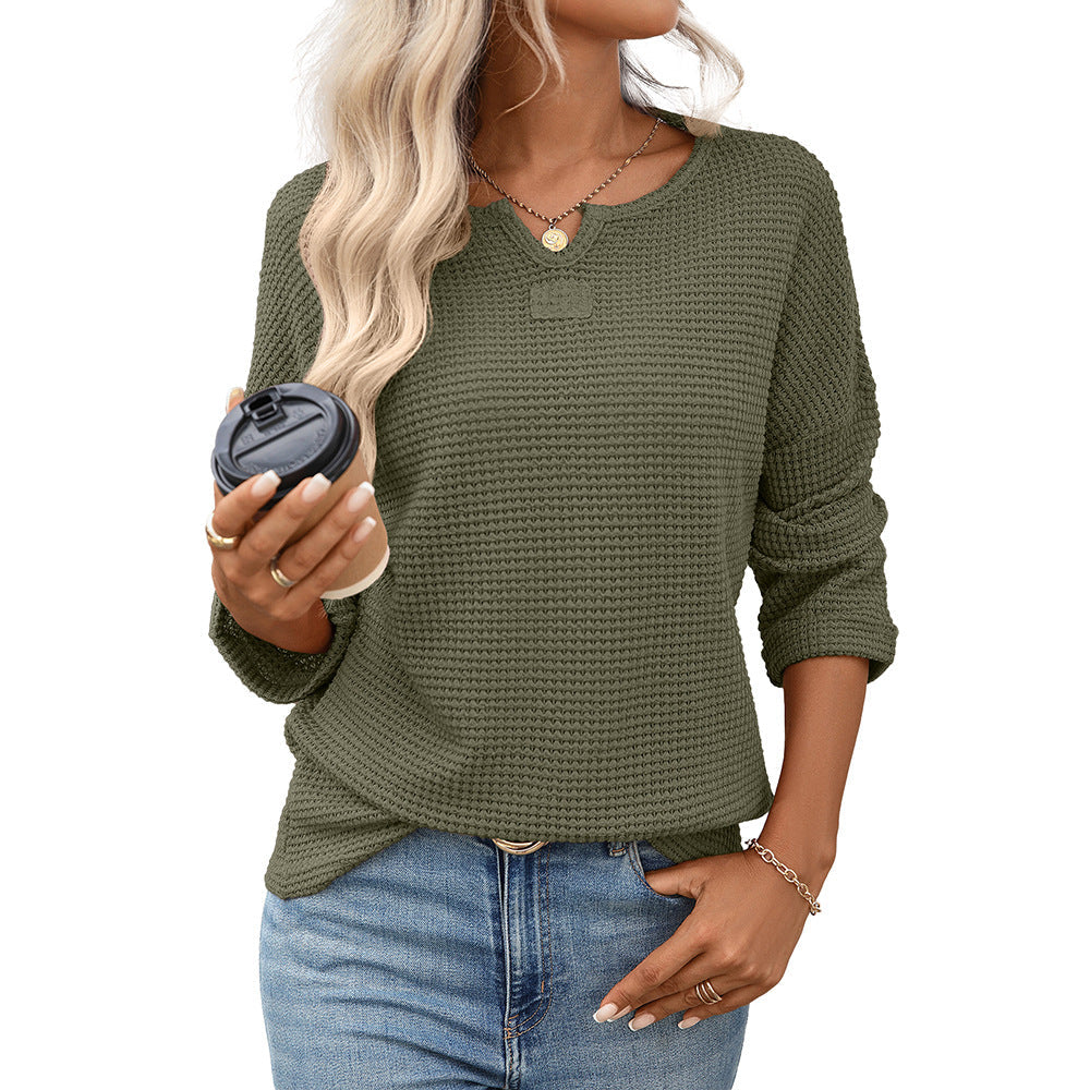 Women Clothing Season Autumn Striped Waffle Knitted Top T shirt Women