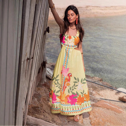 Summer Positioning Printing Cropped Outfit Lace up Large Swing Dress for Women Dress