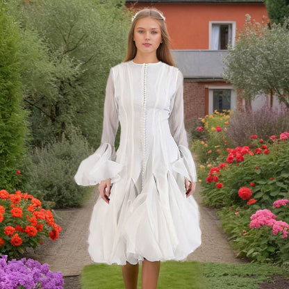 Spring Ruffles Design Waist Tight Slimming Flared Sleeves Dress Women
