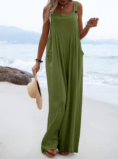 Women Clothing Summer Jumpsuit Ethnic Solid Color Wide Leg Jumpsuit