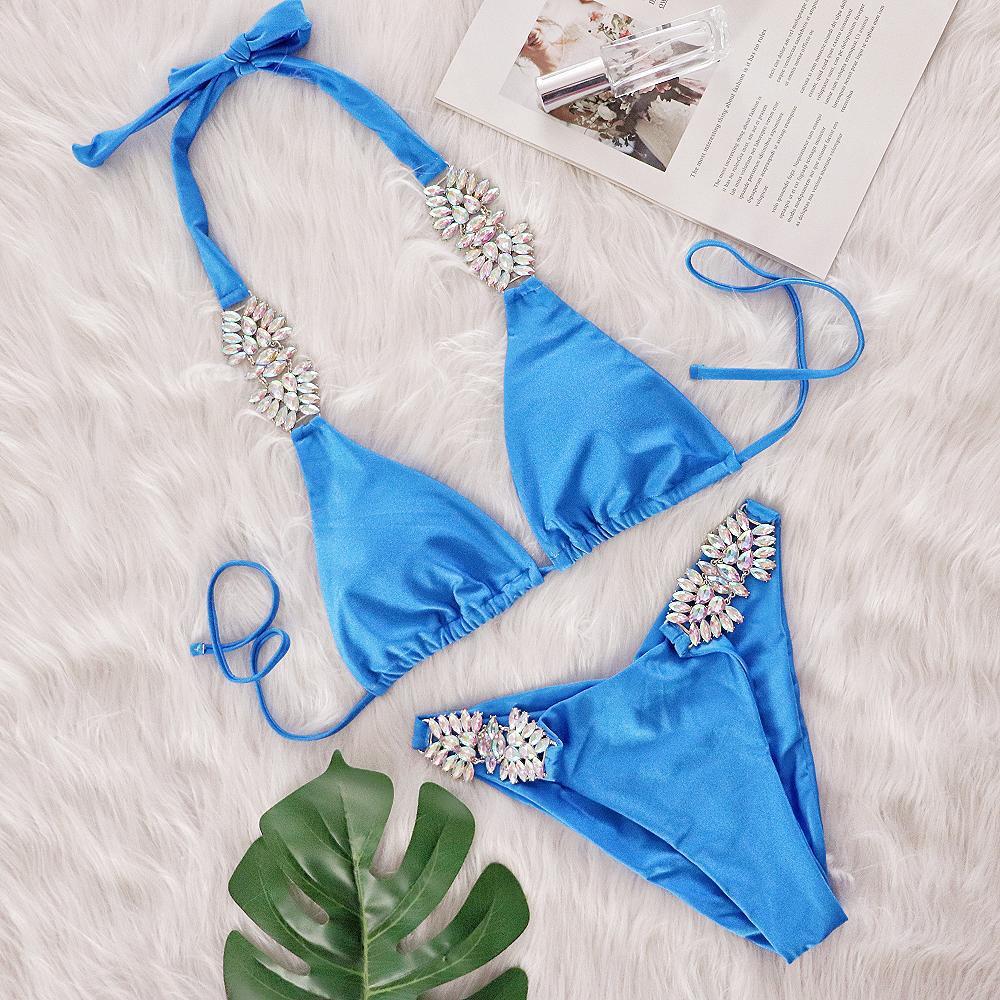 Swimsuit Sexy Solid Color Metal Diamond Bikini Bandage Split Swimsuit