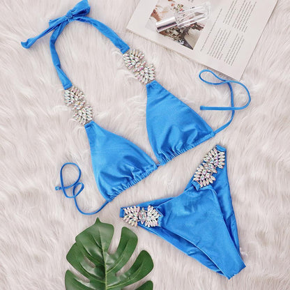 Swimsuit Sexy Solid Color Metal Diamond Bikini Bandage Split Swimsuit