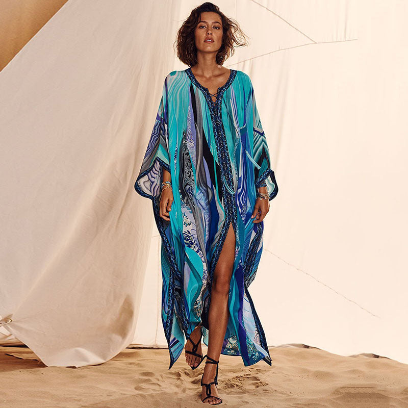 Four Sided Stretch Blue Pattern Beach Cover up Vacation Dress Bikini Swimsuit Blouse Sun Protection Shirt Women