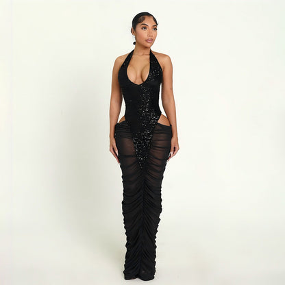 Autumn Winter Women Clothing Fashionable Sequ Stitching Sexy Mesh See through Ruffle Hip Dress