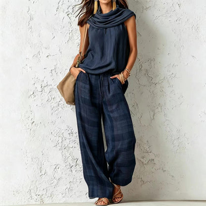 Women Retro Casual Sleeveless Top Plaid Pants Two Piece Sets