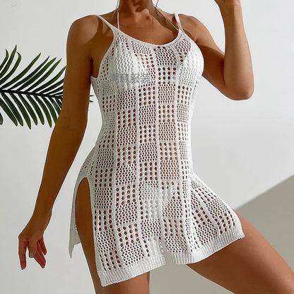 Vacation Women Clothing Short Chic round Neck Plaid Texture Hollow Out Cutout out See through Camisole Sexy Short Dress Crochet hook