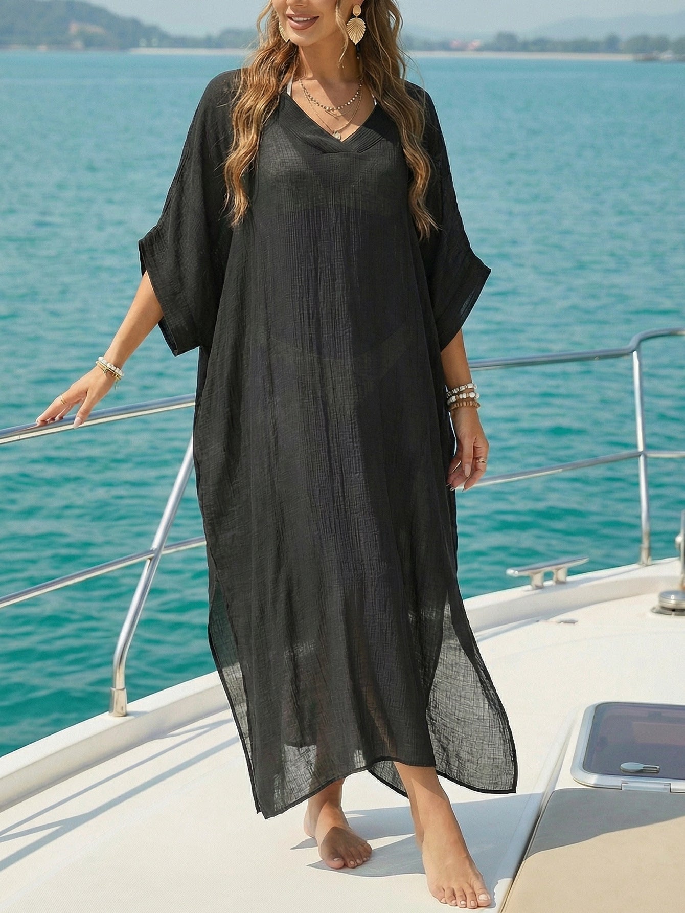 Women Beach Cover up Summer Women V neck Loose Casual Dress Split Mop Dress