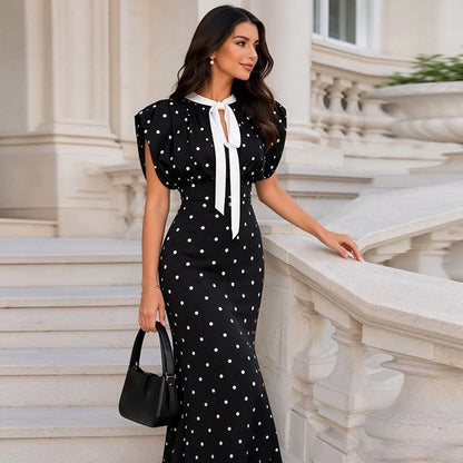 Summer Women Polka Dot Collar Waist Dress