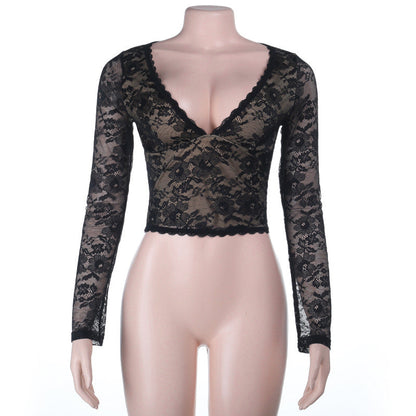 Autumn Sexy Hollow Out Cutout out V neck Lace See through Bottoming Top