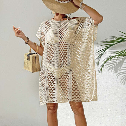 Women Holiday Blouse Women Sexy Woven Hollow Out Cutout out off Shoulder Bikini Overclothes Beach Dress