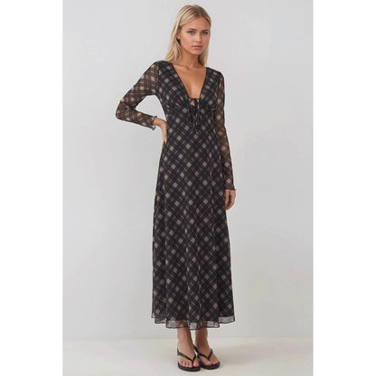 Autumn Retro V neck Lace up Plaid Elegant Graceful Slim Dress