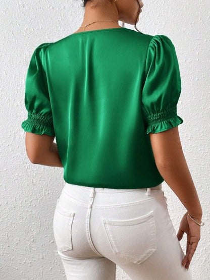 Satin V neck Buttons Shirt Spring Autumn French Casual Short Sleeve Ruffle Blouse