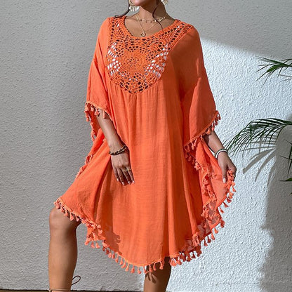 Slubbed Fabric Stitching Hand Crocheting Beach Cover-up Sexy Loose Vacation Sun Protection Shirt Beach Cover Up