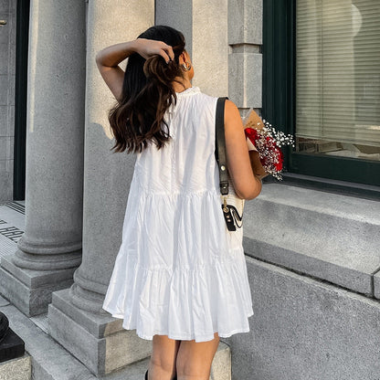 Spring Summer All Match White Elegant Dress round Neck Sexy Bow Lace up Elegant Loose Short Women Clothing