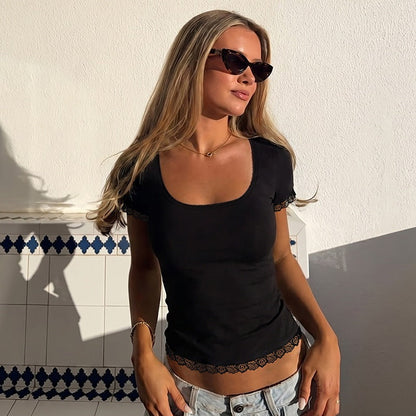 Women Summer Lace Stitching T shirt Slim U Neck Bottoming Top