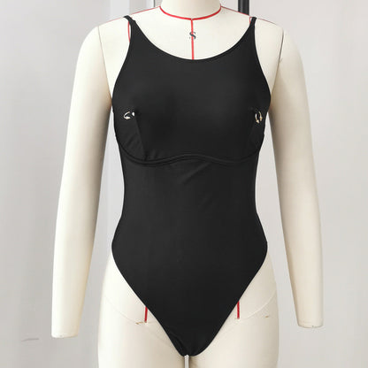 Solid Color Backless Personality One Piece Swimsuit Women Triangle High Slit Swimsuit