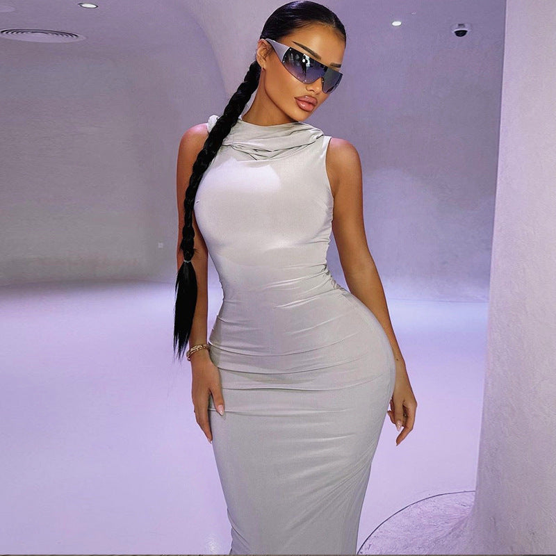 Summer Women Clothing Solid Color Hooded Sleeveless Sheath Split Dress Women