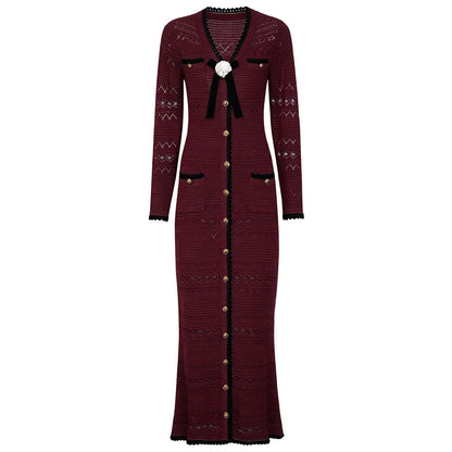 Spring Autumn Fashionable Knitted V neck Floral Slim Fit Slimming Long Sleeves Dress Women