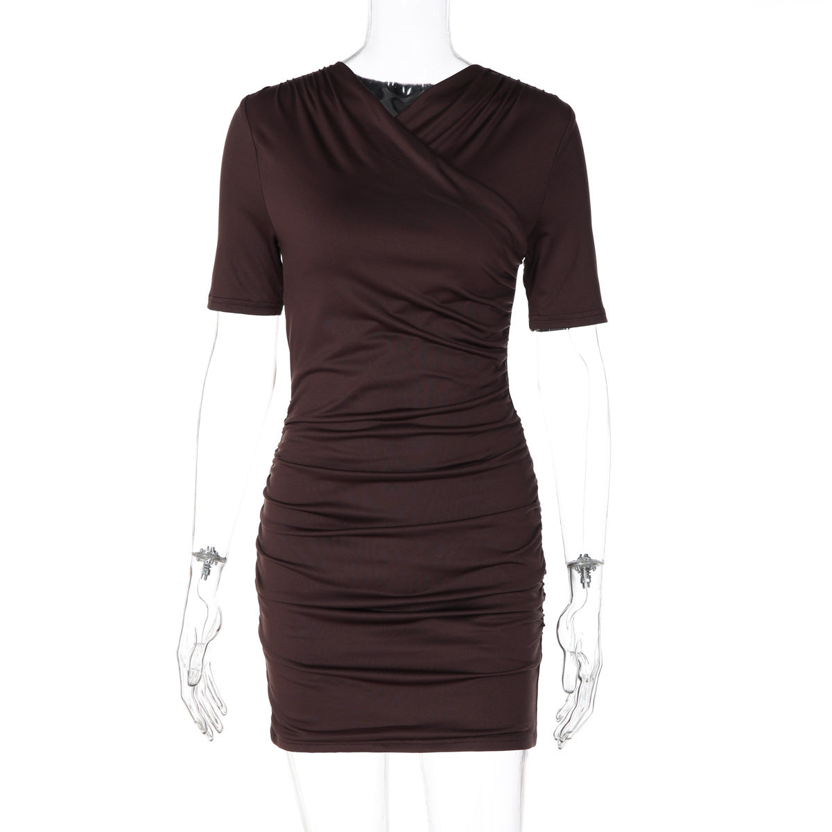 Women Clothing Solid Color Pleated Slim Fit Slimming Middle Sleeve Sheath Dress