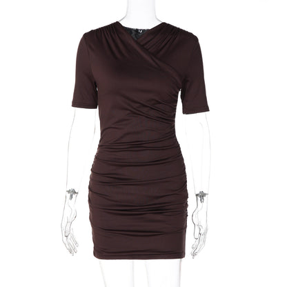 Women Clothing Solid Color Pleated Slim Fit Slimming Middle Sleeve Sheath Dress