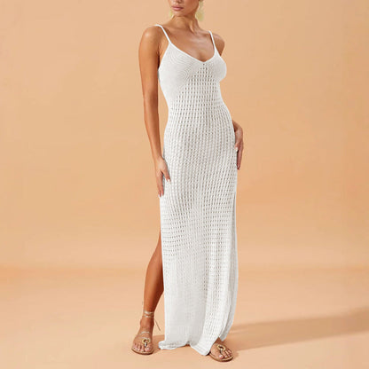 Solid Color Sling Dress Side Slit Summer Pure Want to Wear Seaside Women Knitted Dress Slim French Hip