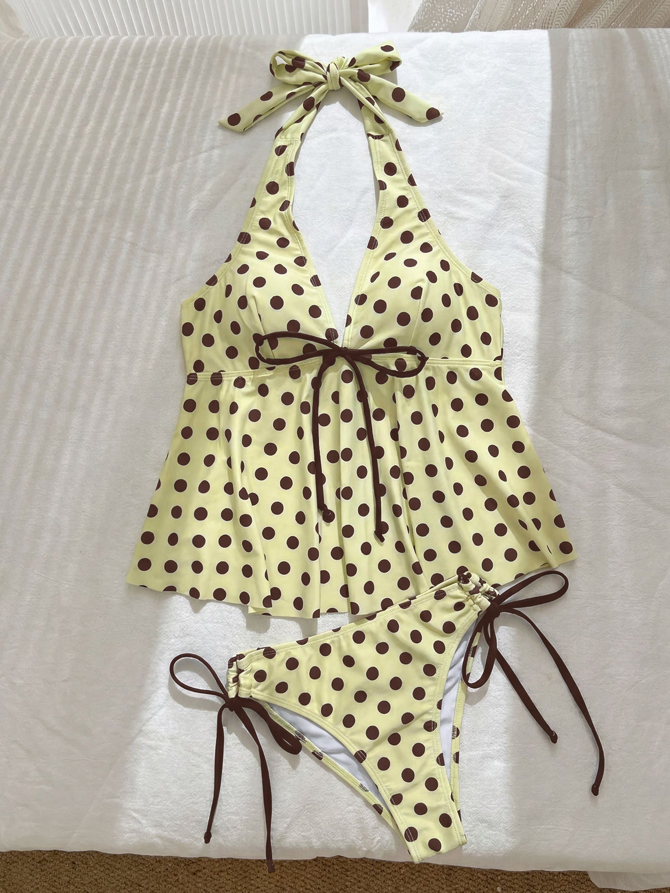 Halter Strap Tankini Printed Split Bikini Lace up Backless Design Swimsuit