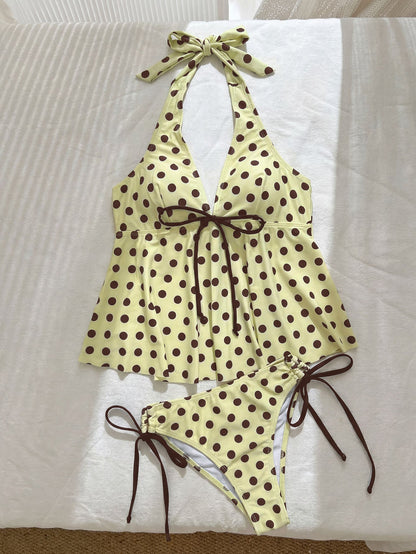 Halter Strap Tankini Printed Split Bikini Lace up Backless Design Swimsuit