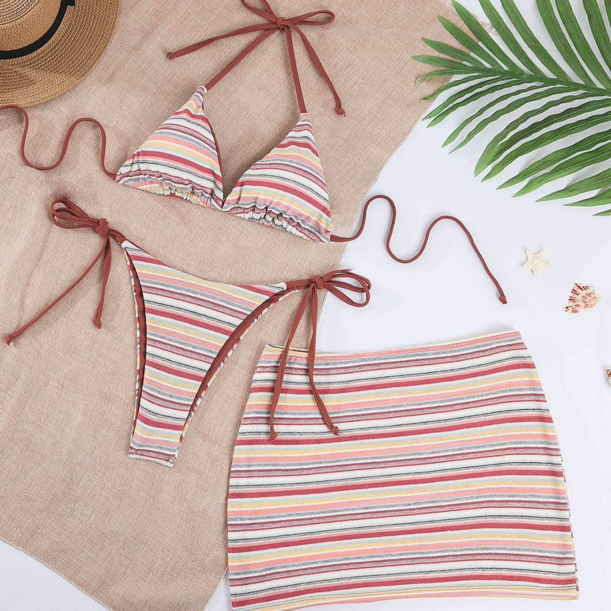 Fresh Color Striped Bikini Swimsuit Overskirt