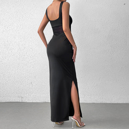 Milk Silk Stitching Mesh Cami Dress Sexy Split Backless Formal Dress Maxi Dress
